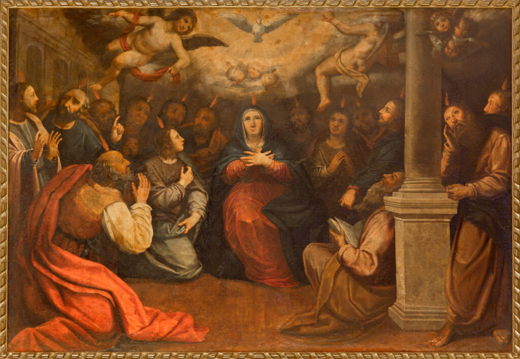 Depositphotos_58951979_XLSEVILLE, SPAIN - OCTOBER 28, 2014 The paint of Pentecost in church Iglesia de San Roque (Roch) by unknown painter. Illustration by sedmak
