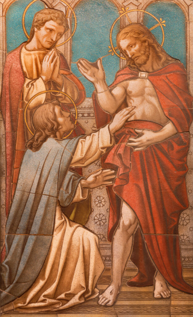 Depositphotos_460832040_XL The tiled mosaic of Christ appearing to the doubting Thomas on the altar in church of St. James Spanish Place from 19. cent. Photo by sedmak