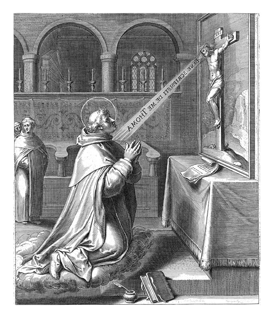 Depositphotos_465746442_XLSaint Thomas Aquinas asks Christ for a sign that he has written down the truth about him in one of his works Author Morphart