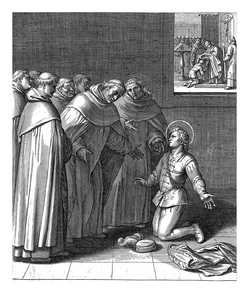 Depositphotos_465752200_XL Interior with the young Thomas Aquinas kneeling in front of a group of monks in Dominican habit. Author Morphart