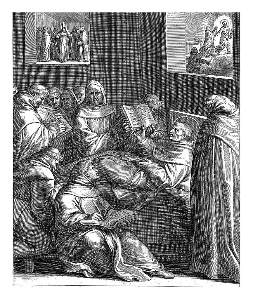 Depositphotos_465754636_XL Thomas Aquinas is on his deathbed reading a book, holding a crucifix in his hands. He is surrounded by monks. author Morphart