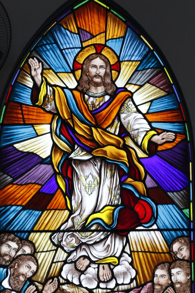 Depositphotos_690833304_LSong Vinh Church. Stained glass. The Ascension of Jesus Christ in Heaven. Vietnam. — Photo by godongphoto