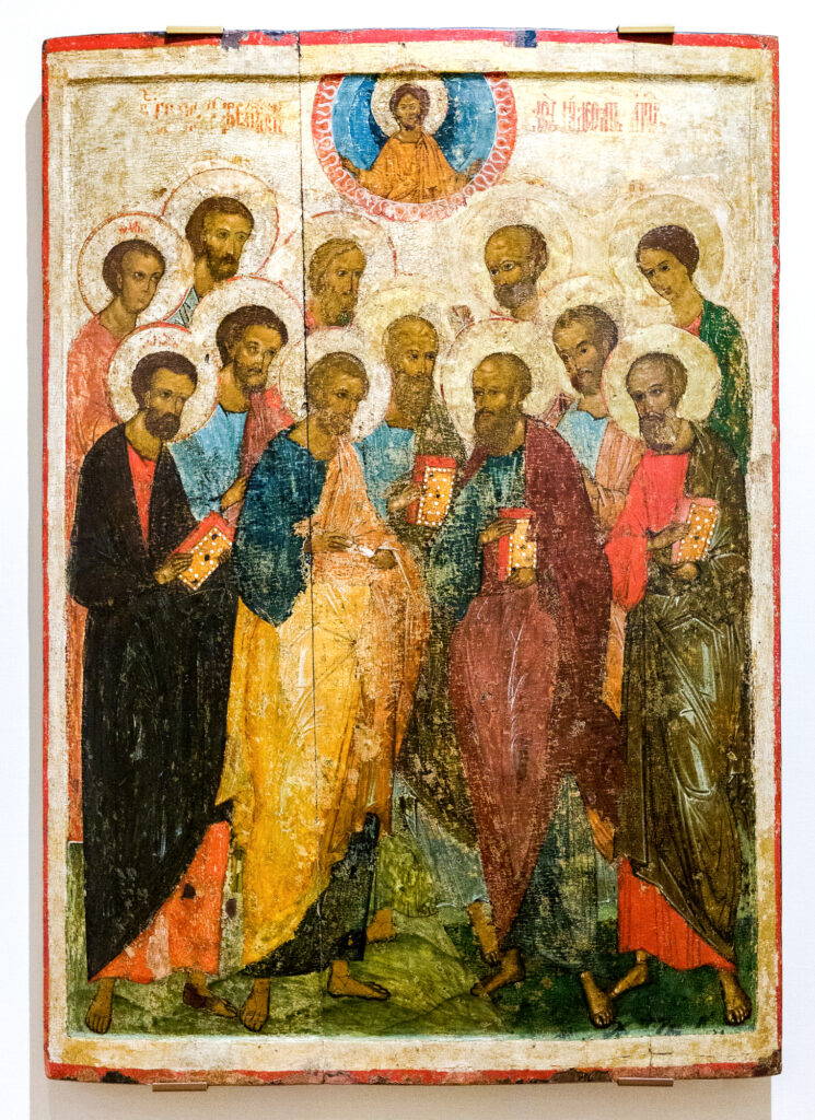 Depositphotos_193384916_L Veliky Novgorod, Russia - August 17, 2017 Antique Russian orthodox icon. The Council of the Twelve Apostles, 1432 — Photo by blinow61